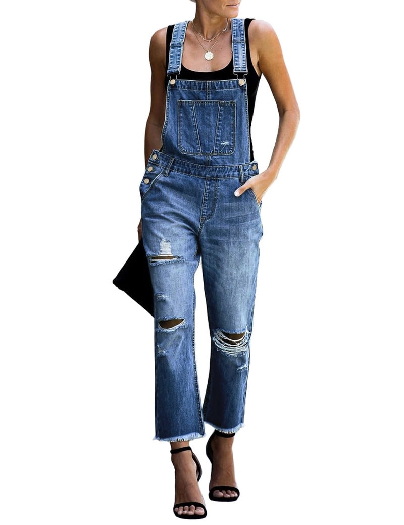 luvamia Women's Casual Distressed Adjustable Denim Bib Overalls Jeans Pants Jumpsuits Denim Blue Size X-Large - Image 1